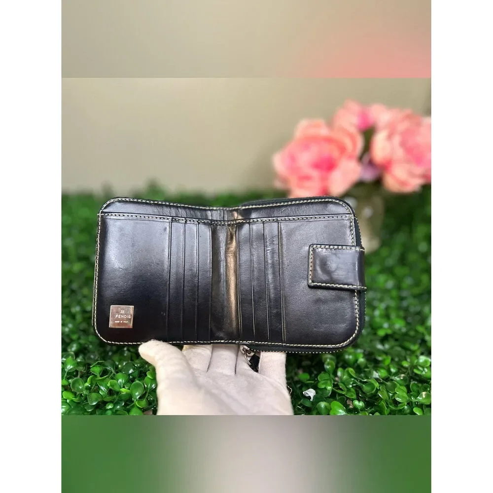 Fendi Vintage Navy Zucca FF Canvas Compact Zip-Around Bifold Wallet Made inItaly